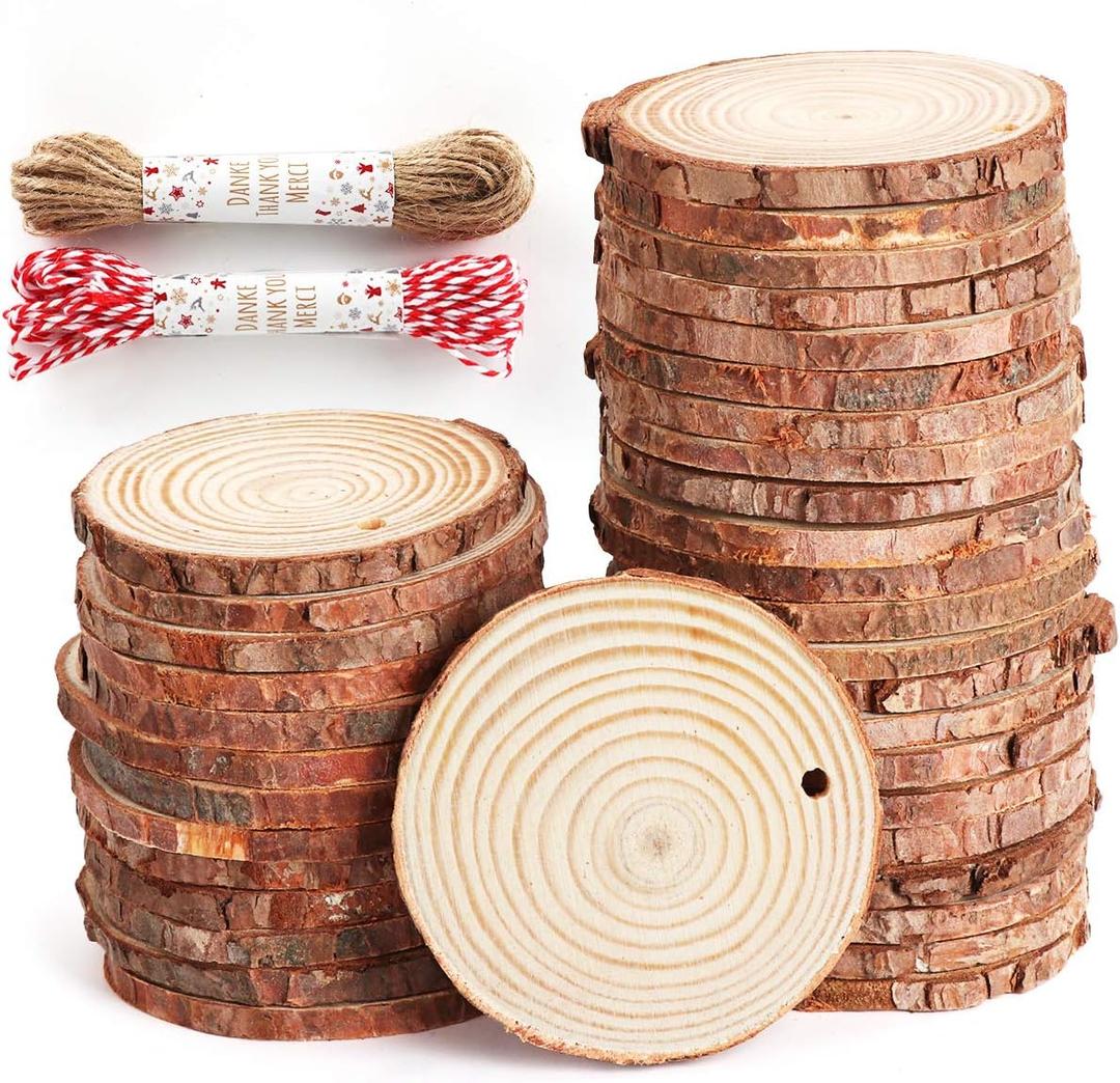 50Pcs Wood Slices 2.4"-2.8" Unfinished Wood Rounds with Pre-drilled Hole and 66Feet Twine String, Natural Wood for Crafts for Home Decor Painting DIY Christmas Ornaments Party Wedding Decor