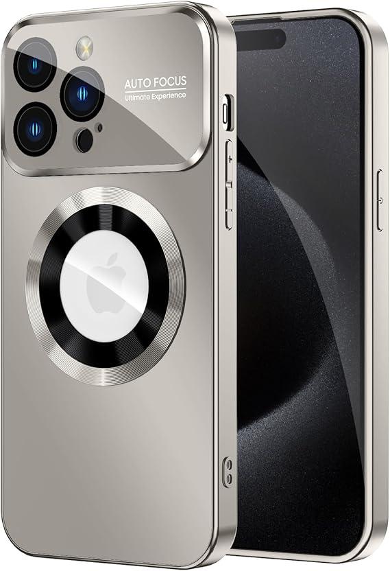 MAKAVO Magnetic for iPhone 15 Pro Case, Compatible with MagSafe, Built-in Camera Lens Protector, Logo View, Military Grade Drop Proof Phone Case Cover, Titanium Gray