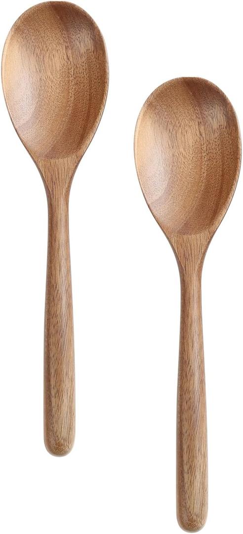 Kitchen Wooden Cooking Spoon, Solid Acacia Wood Serving Spoons for Mixing Stirring, Nonstick Kitchen Utensils Tableware Ladle Scoop for Soup Stews Salad Pasta Sauce Chili (2 Pieces)