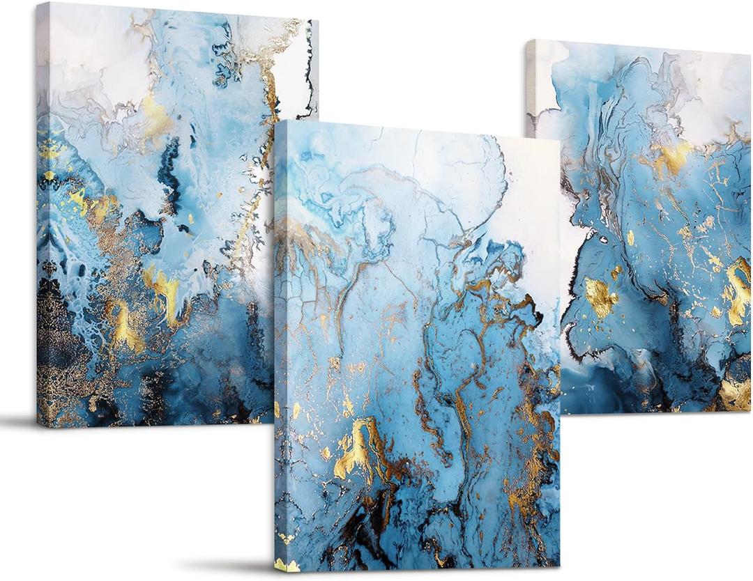 SERIMINO Large Abstract Canvas Wall Art for Living Room, Wall Decor for Bedroom, Blue Gold Marbling Pictures for Bathroom Wall Decoration, Painting Set for Office, Home Decor for Wall 20"x28"