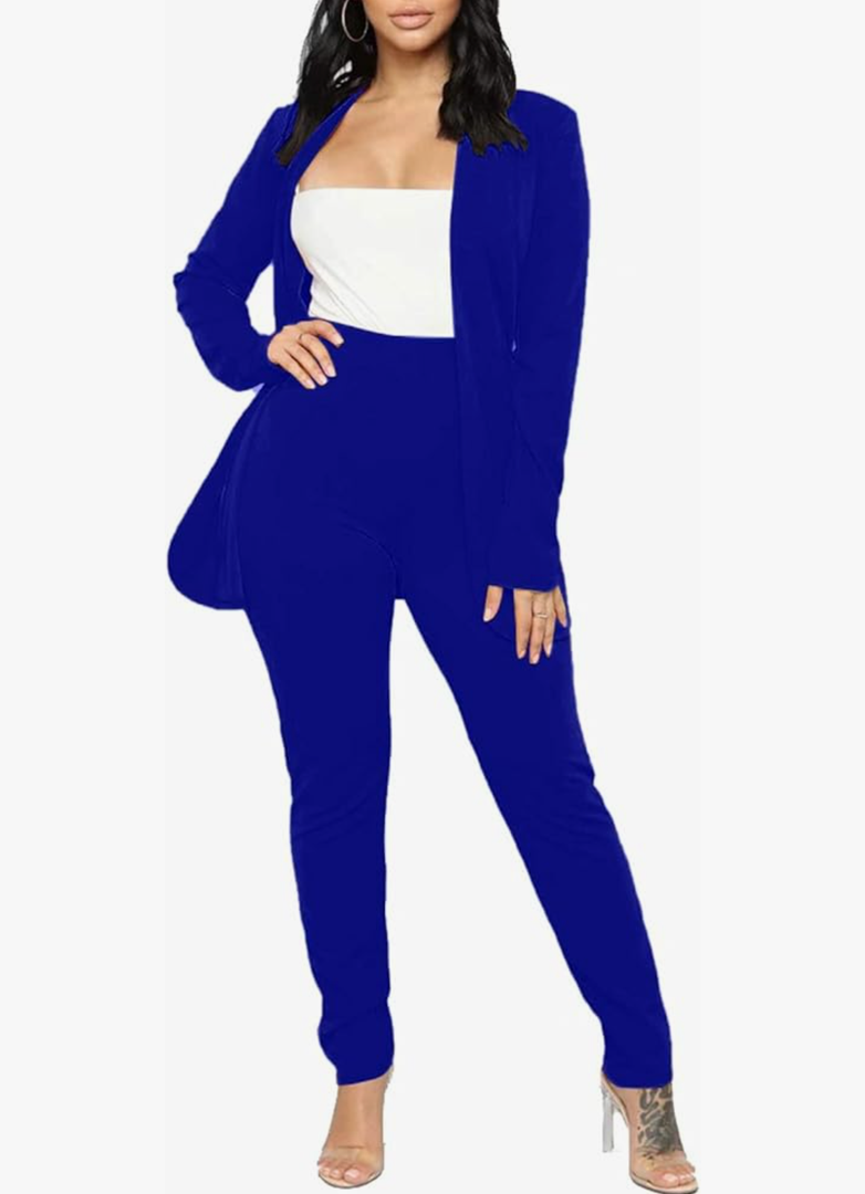 Aro Lora Women's 2 Piece Outfit Casual Solid Open Front Blazer and Pencil Pant Suits Set (2XL, Royal Blue)