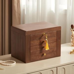 Black Walnut Wooden Jewelry Box, Wood Jewelry Organizer with 2 Side Doors Mirror Lockable Classical Style for Watch Necklace Ring Earring Storage Christmas Gifts-4 Layer