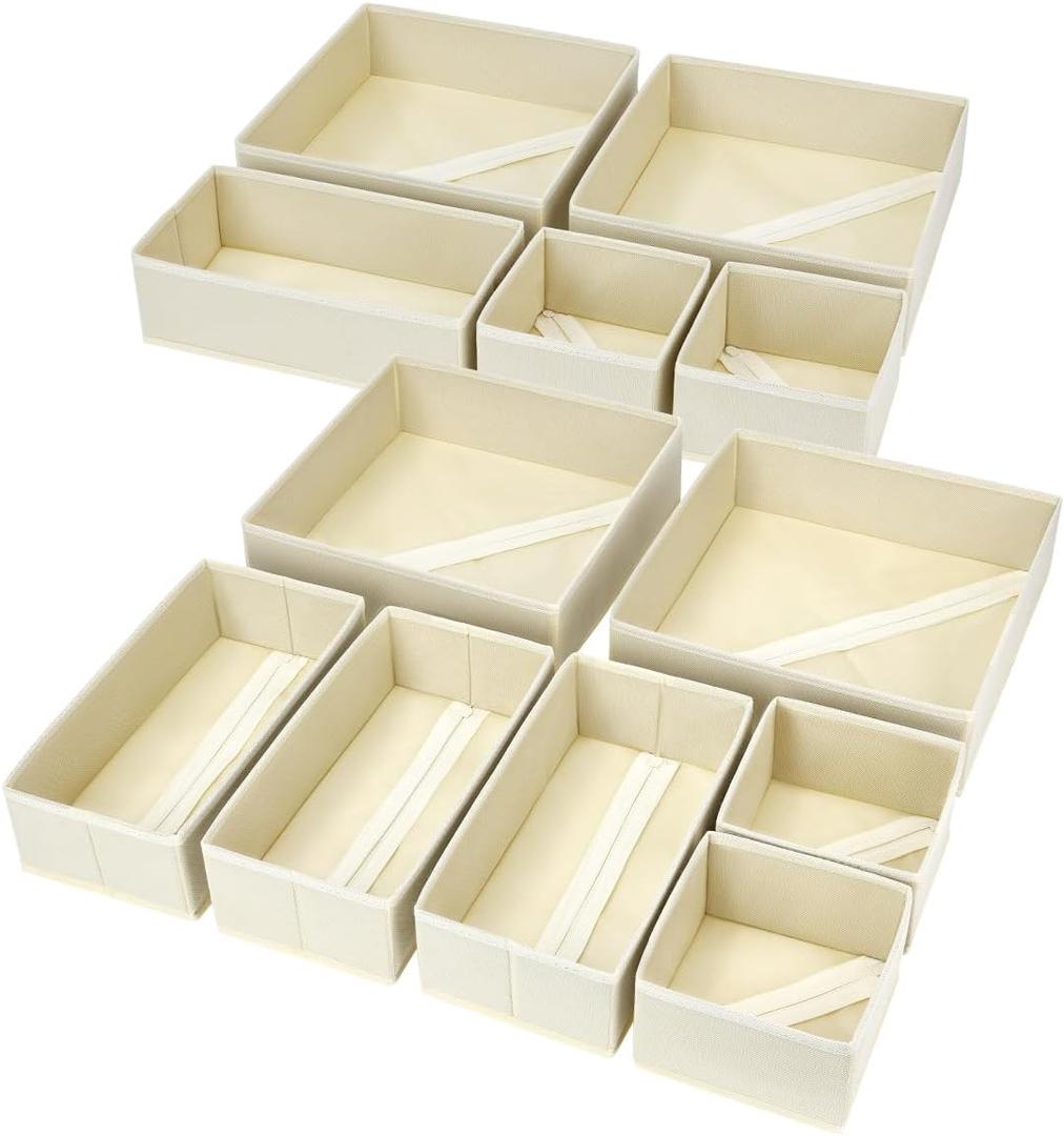 3 Pack Foldable Cloth Storage Box Closet Dresser Drawer Organizer Fabric Baskets Bins Containers Divider for Clothes Underwear Bras Socks Clothing,Beige, 14 x 10 x 8