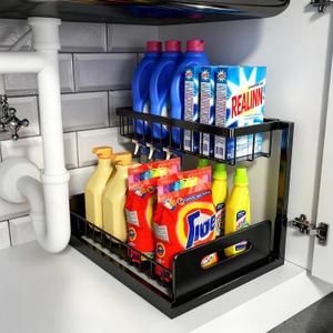 Under Sink Organizer, L-Shaped Pull Out Cabinet Organizer, Kitchen | 2 Tier Metal Slide Out Shelf for Kitchen, Bathroom, Laundry, and Utility Cabinet Storage for Deep Cabinets, Black, 1 Pack