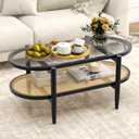 Giantex Rattan Coffee Table, 2-Tier Oval Wood Tea Table with Tempered Glass Tabletop & PE Rattan Storage Shelf, 40" Boho Cocktail Tables, Mid Century Modern Center Table for Living Room Office, Black
