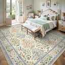 9x12 Area Rugs, Machine Washable Low Pile Floral Rugs for Living Room, Bedroom, Large Boho Area Rug with Non-Slip Backing for Dining Room(Beige Floral)