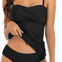 Two Piece Swimsuit for Women, Ruched Tummy Control Tankini Sets with Twist Front, Modest Bathing Suits for Beach, Black Medium