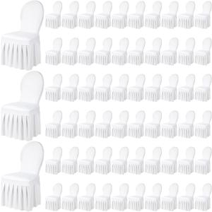 Oudain Chair Slip Covers with Skirt Wedding Long Stretch Spandex Dining Chair Cover Protectors Removable and Washable for Hotel and Wedding Ceremony(White,60 Pieces)