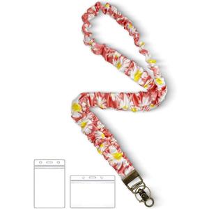 2 x Lanyardio Stretchy Scrunchie Lanyard for ID Badges Keys, Cute Teacher Lanyard for Women with 2 Card Holders 19.6 Inch (Pink Flower)