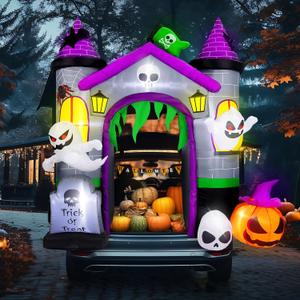 5.9 ft Halloween Inflatable Trunk or Treat Car Decorations Kit Blow up Ghost and Pumpkin SUV Halloween Decor with Build-in LED Zombie Decor for Yard Lawn Outdoor Garden(Haunted Castle)