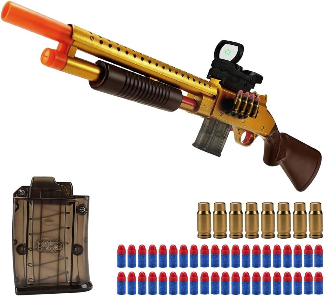 Double Barrel Toy Foam Blaster with Geen Dot Scop Foam Squirt Foam Dart Blaster Soft Bullets Toy Blaster Realistic Pump-Action Airsoft Blasters for Ages 14+