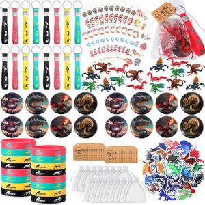 Wettarn 162 Pcs Dragon Party Favors, Dinosaur Birthday Party Supplies Dragon Stickers Mini Model Button Pins Bracelets Keychains Organza Bags Card Tags for Adults Christmas Dinosaur Themed Gifts