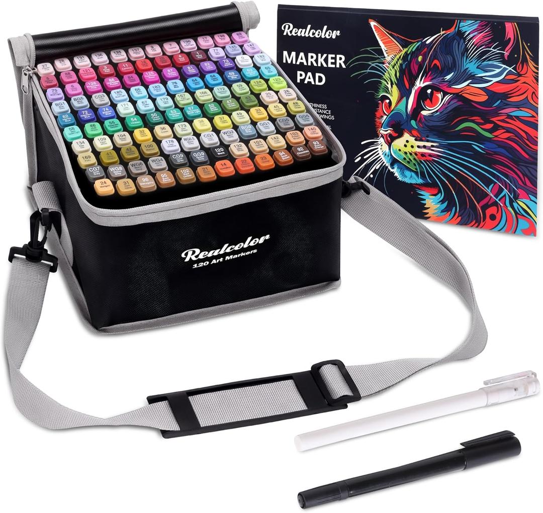 realcolor 120 Alcohol Markers Set,Dual Tip Art Markers for Adult Coloring, Alcohol Marker Set for Drawing,Coloring,Sketching,Card Making,Illustration, Ideal for Artists, Designers & Crafters