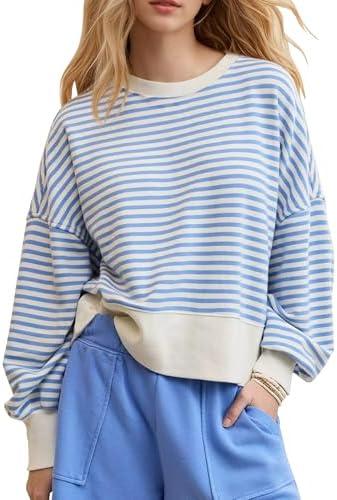Locachy Womens Oversized Striped Sweatshirt Crewneck Long Sleeve Pullover Tops 2025 Fashion Y2K Outfits Clothes Size M