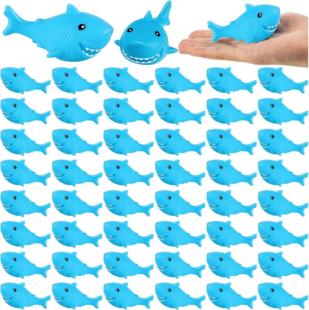 25 Pcs Rubber Sharks for Kids, Blue Shark Bath Toys Cute Floating Squeaky Mini Rubber Sharks for Shower, Classroom Carnival Prizes, Cake Decoration