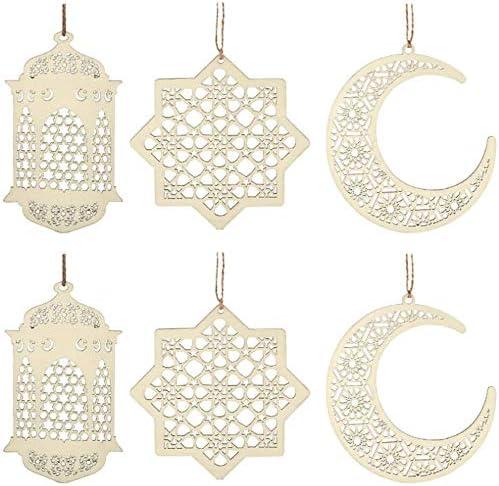 Pack of 4, Set of 6 Ramadan Kareem Wooden Ornaments Pendant Decoration Moon Lantern Star Shape Mubarak Eid Hanging Ornament for Ramadan Mubarak Eid Decorations