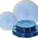 120PCS Blue Plastic Plates with Gold Rim, Heavy Duty Disposable Plates, Elegant and Fancy 60 Dinner and 60 Dessert Plates for Party and Wedding