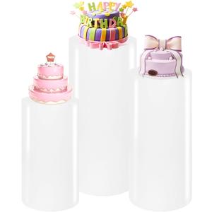 3PCS Cylinder Pedestal Stands for Parties, White Metal Round Cylinder Plinths Dessert Table Display Pillars for Birthday Wedding Bridal Baby Shower Party Decorations(Large)