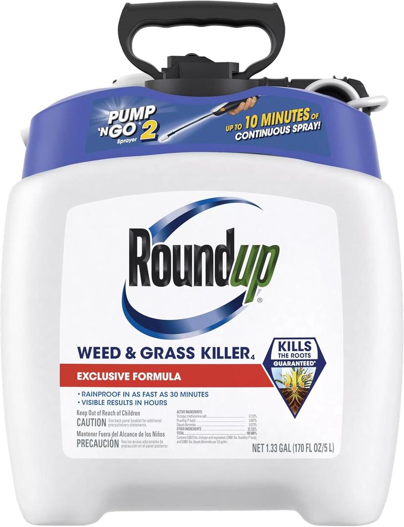 Roundup Weed and Grass Killer with Pump 'N Go 2 Sprayer, Use in and Around Flower Beds, Trees & More, 1.33 gal.