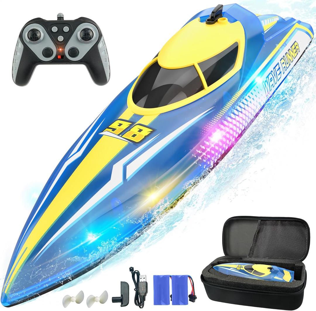 BEZGAR Remote Control Boat for Kids - 2.4GHz Fast RC Boat with LED Lights & Portable Suitcase for Pools, Lakes & Salt Water, Summer Water Toys Gifts for Boys & Girls Age 6 7 8-12 Years Old (Blue)
