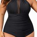 Aqua Eve Plus Size Swimsuit Women One Piece Swimsuit Tummy Control High Neck Bathing Suit Ruched Swimwear, Black, 18W