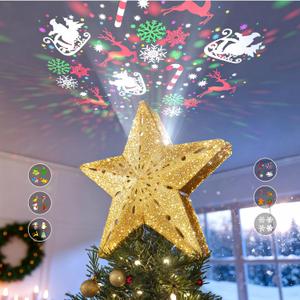 DG-Direct Christmas Tree Topper Lighted Star with 6 Projected Patterns,3D Hollow Sparkling Star Christmas Tree Topper with Rotating Magic Projector for Christmas Tree Ornament (Glitter Gold 6)
