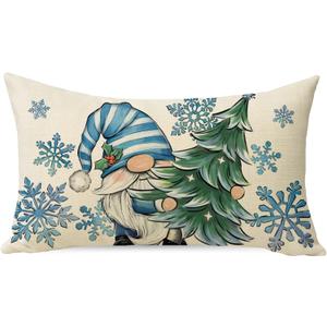Winter Blue Gnome Lumbar Decorative Throw Pillow Cover 12 x 20, Pine Tree Snowflake Rectangle Cushion Case Decor, Christmas Holiday Seasonal Home Decoration for Sofa Couch