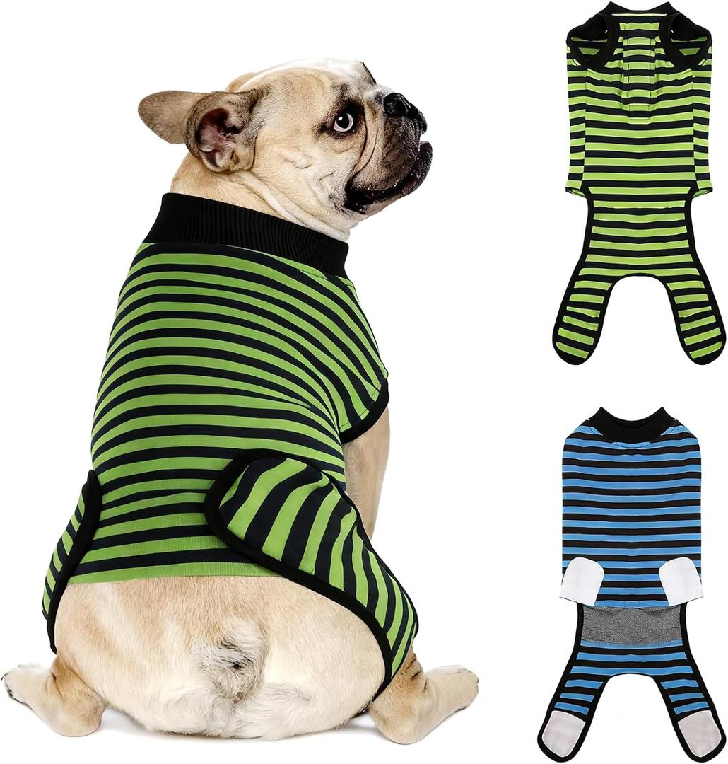 Dog Recovery Suit, 2 Packs, Breathable Cotton, Abdominal Wounds Protection, Anti-Licking Onesies for Male Female Pets, Surgery Bandages, Size M, Blue & Green Stripes