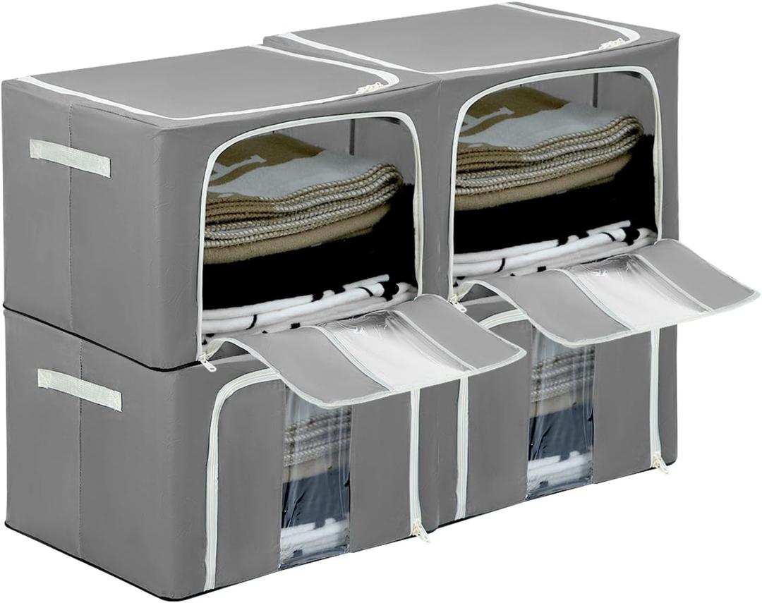 QWORK Storage Bins with Metal Frame - 4 Pack Stackable & Foldable Clothes Organizer Bags - 66L Oxford Fabric Storage Containers