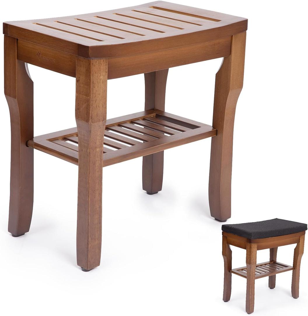 StrongTek Bamboo Shower Bench Seat with Cushion, Shower Stool with Storage Shelf, Lightweight, Non-Slip, Quick-Drain Design, 350 lbs Capacity, Ideal for Bathroom, Spa, Sauna, Living Room (Espresso)