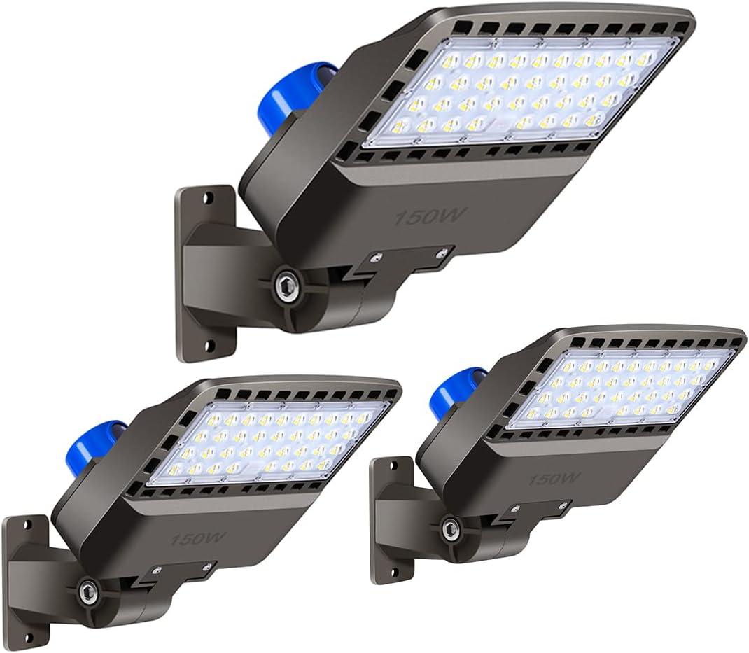 Juyace 3 Pack 150W LED Parking Lot Light Dusk to Dawn, 21000LM Super Bright Shoe Box Street Lights, IP65 Waterproof Commercial Area Flood Lighting for Yard Barn Wall Mount, 110-277V, 5000K Daylight