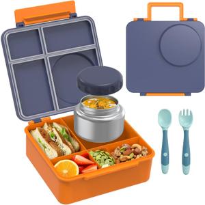 Bento Lunch Box Set for Kids with 8oz Soup Thermo, Leak-Proof Lunch Containers with 4 Compartment, Thermo Hot Insulated Food Jar and Foldable Fork Spoon, for Kids to School (Navy Blue)