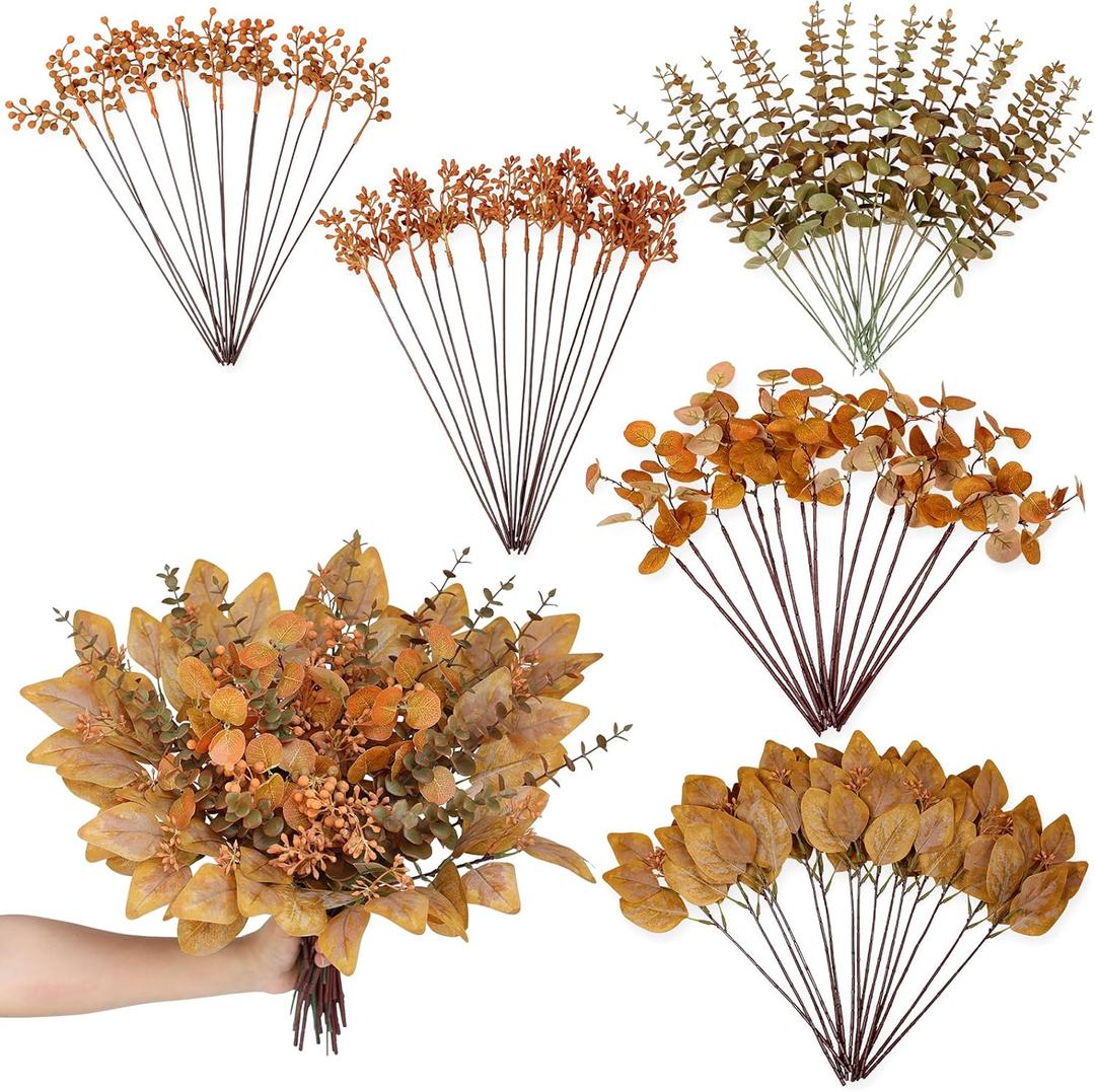 120 Pcs 5 Kinds Mixed Artificial Eucalyptus Leaves Stems and Fake Berry Bulk for Fall Decorations, Faux Plants Bundle for DIY Bouquets Floral Arrangement Wedding Engagement Party Autumn Decor (Orange)