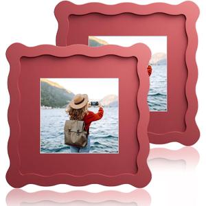 6x6 Wavy Picture Frame With Mat For 4x4, Wavy Edge Wooden Picture Frame with Real Glass - Wall Mount and Tabletop Display, Red, 2 Pack