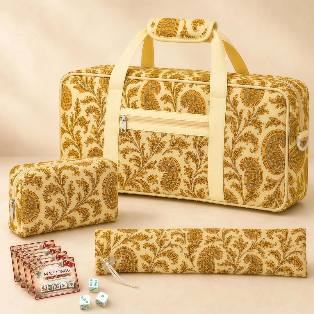American Mahjong Bag Set for Tiles and Racks, 3-Piece Mahjong Carrying Bag with Zipper Tile Bag, Drawstring Rack Bag, Detachable Shoulder Strap, Padded, Machine Washable, Large