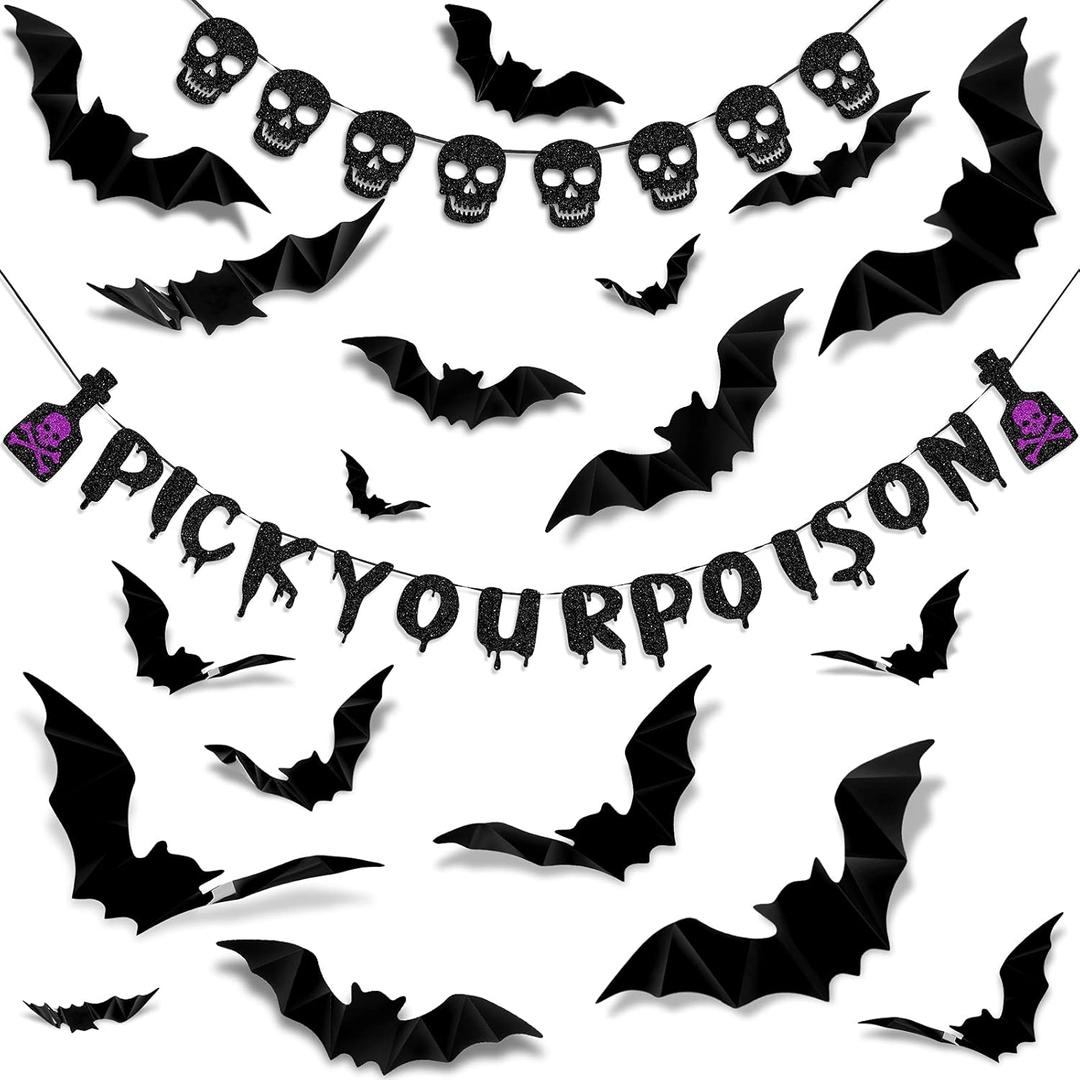 40 Pieces Halloween Banner Set, Includes 8 Skull Banner 16 Glittery Pick Your Poison Paper 16 Bat Stickers Spooky Party Decor for Halloween Haunted House