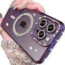 Magnetic Glitter Diamond for iPhone 14 Pro Max Case[Compatible with MagSafe]Sparkle Rhinestone Camera Lens Protector Plated,Crtstal Clear Slim Military Drop Shockproof Cover for Women,Purple