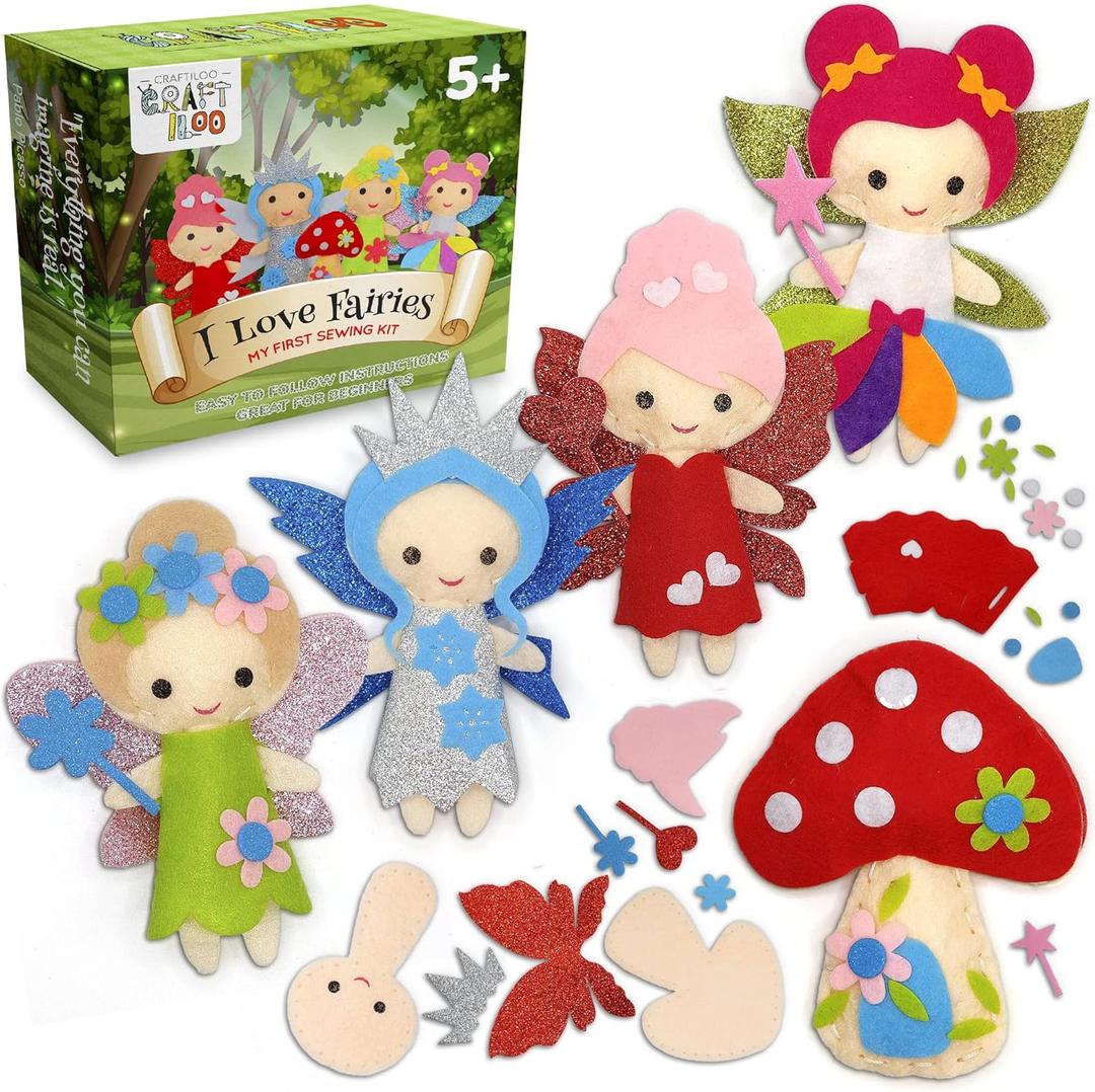 CRAFTILOO Fairy Sewing Kits for Little Girls 5 Easy Projects for Childrens Kid Crafts Make Your Own Felt Pillow Plush Craft Kit My First Sewing Kit Learn to Sew