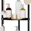 SWTYMIKI Corner Shower Caddy Standing - 3 Tier Stainless Steel Shower Organizer Stand, Large Capacity Floor Shelf with 4 Hooks, Rustproof Bathroom Storage Rack, Black