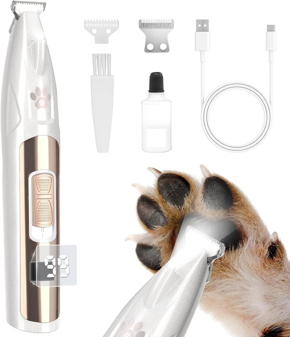 Dog Paw Trimmer with LED Display, 35dB Low Noise Electric Dog Clippers for Grooming, Cordless 20mm-Blade for Trimming Dog's Hair Around Paws, Eyes, Ears, Face, Rump with LED Light (White)