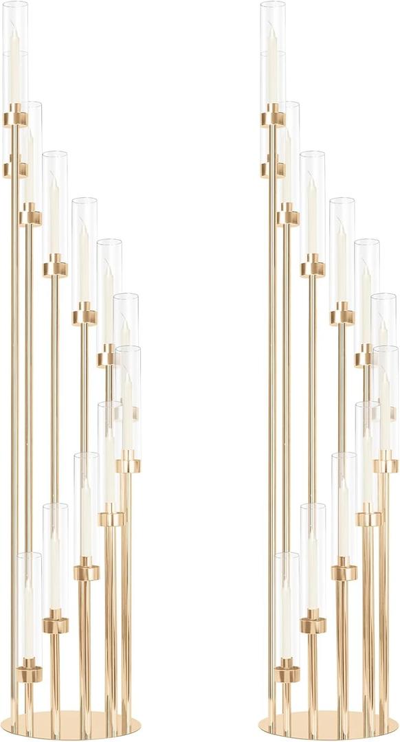 2 Sets Gold Candelabra,12 Arm Candlestick Holders with Acrylic Shades, 46'' High Large Floor Candle Holders for Wedding Centerpieces Table Decorations Fit 0.9" Candles and LED Taper Candles