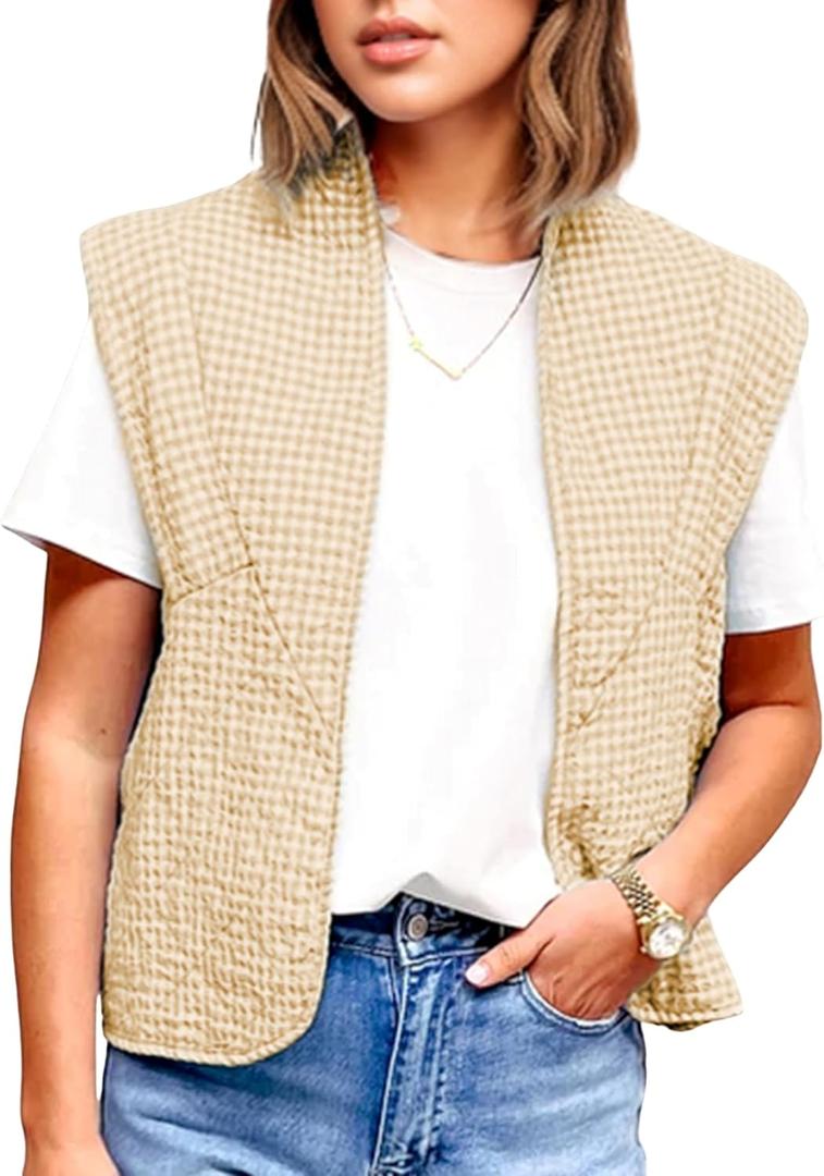VAOYIU Womens Cropped Puffer Vest Lightweight Sleeveless Plaid Printed Cotton Quilted Vest Outwear (XL)