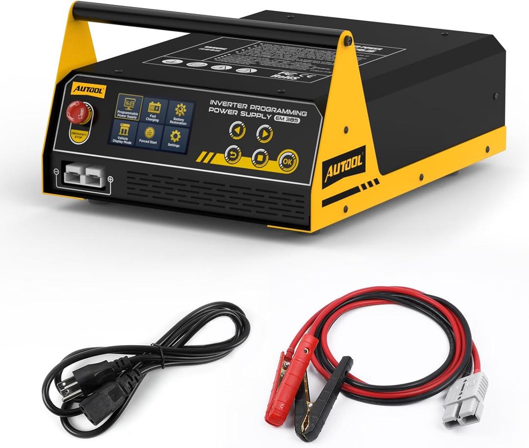 AUTOOL Flash Reprogramming Power Supply, Car Battery Charger with Battery Maintainer Jump Starter Mode, Adjustable Charging Current Voltage, for Lithium & Lead-Acid Battery, with Touchscreens, Model: EM 385