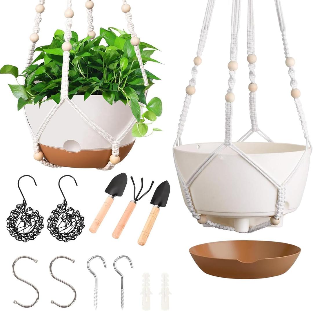 Hanging Planters for Indoor Plants, 2 Pack 10 Inch Self Watering Hanging Pots for Plants with Drainage Holes, Indoor Outdoor Hanging Flower Pots for Home Garden Ceiling Decor (White)