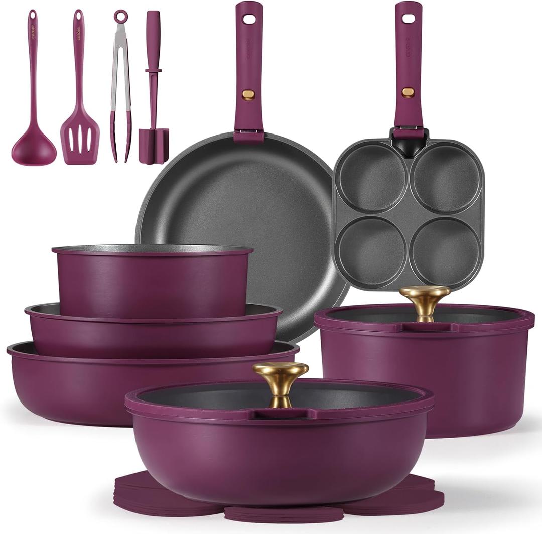 CAROTE 21pcs Pots and Pans Set, Nonstick Cookware Set Detachable Handle, Induction Kitchen Cookware Sets Non Stick with Removable Handle, RV Cookware Set, Gold and Purple, Mothers Day Gifts