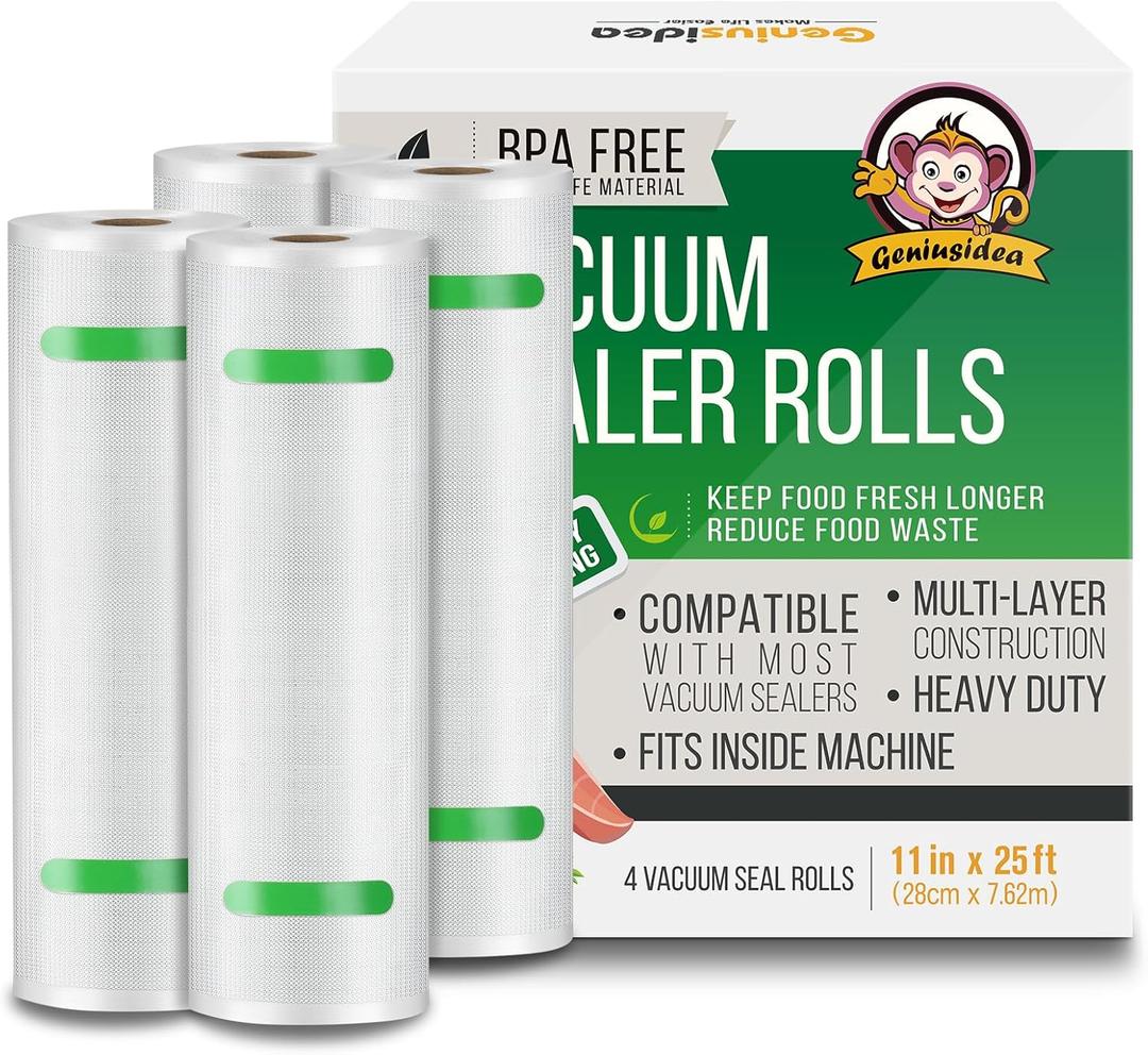 Food Saver Vacuum Sealer Bags, 4 Pack 11" x 25'ft Rolls, Commercial Grade, Meal Prep, Microwave & Freezer Safe, Sous Vide