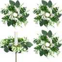 4 PCS Eucalyptus Taper Candle Rings Wreaths 1.38" Mini Spring Summer Floral Taper Candle Holder Wreaths Artificial Greenery Leaves Table Centerpieces Wreath for Farmhouse Home Candlesticks Decor