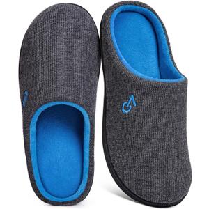 VeraCosy Men's Two-Tone Memory Foam House Slippers Indoor Outdoor Durable Rubber Sole (7-8, Dark Gray/Blue)