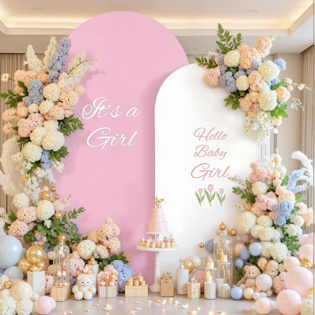 White Pink Photo Arch Backdrop Cover Set of 2-7.2ft and 6ft Arch Covers Stretchy Backdrop Spandex Baby Shower Arch Stand Covers for Girls Birthday Party Wedding Bridal Shower Background Decorations