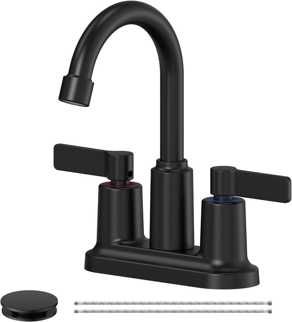 Bathroom Faucets for Sink 3 Hole, Evolvegoods 4 Inch Matte Black Bathroom Faucet with Pop Up Drain and 2 Supply Hoses, 2-Handle Centerset Faucet for Sink Vanity RV